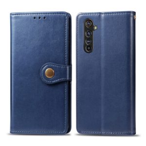 For OPPO Realme X50 Pro Retro Solid Color Leather Buckle Phone Case with Lanyard & Photo Frame & Card Slot & Wallet & Stand Function(Blue) (OEM)