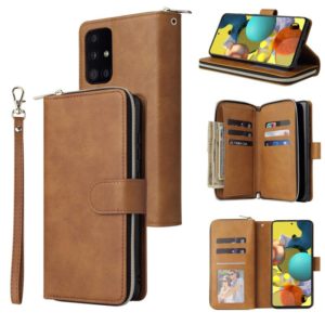 For Samsung Galaxy A52 5G Zipper Wallet Bag Horizontal Flip PU Leather Case with Holder & 9 Card Slots & Wallet & Lanyard & Photo Frame(Brown) (OEM)
