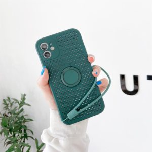 For iPhone 11 Pro Heat Dissipation Cooling Holes Liquid Silicone Straight Edge Shockproof Case with Ring Holder & Strap (Deep Green) (OEM)