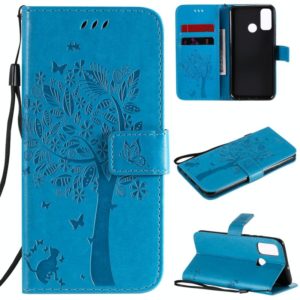 For Huawei P Smart 2020 Tree & Cat Embossed Pattern Horizontal Flip Leather Case with Holder & Card Slots & Wallet & Lanyard(Blue) (OEM)
