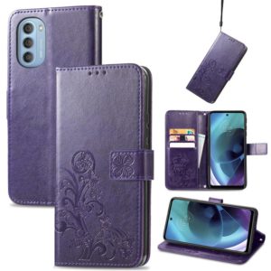 For Motorola Moto G51 5G Four-leaf Clasp Embossed Buckle Leather Phone Case(Purple) (OEM)