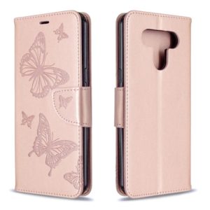 For LG K51 Two Butterflies Embossing Pattern Horizontal Flip Leather Case with Holder & Card Slot & Wallet & Lanyard(Rose Gold) (OEM)
