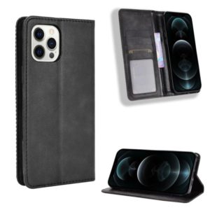 For iPhone 12 / 12 Pro Magnetic Buckle Retro Pattern Horizontal Flip Leather Case with Holder & Card Slot & Wallet(Black) (OEM)