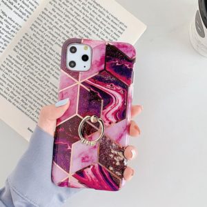 For iPhone 11 Pro Max Plating Colorful Geometric Pattern Mosaic Marble TPU Mobile Phone Case Rhinestone Stand Ring(Mageta PR5) (OEM)