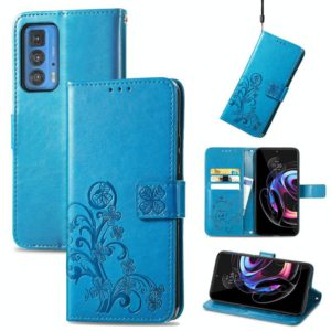 For Motorola Edge 20 Pro Four-leaf Clasp Embossed Buckle Mobile Phone Protection Leather Case with Lanyard & Card Slot & Wallet & Bracket Function(Blue) (OEM)