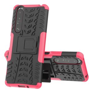 For Sony Xperia 1 III Tire Texture Shockproof TPU+PC Protective Case with Holder(Pink) (OEM)