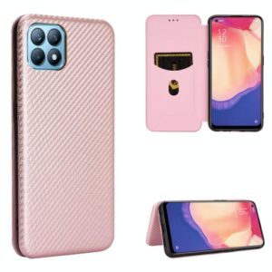For OPPO Reno4 SE Carbon Fiber Texture Horizontal Flip TPU + PC + PU Leather Case with Card Slot(Pink) (OEM)
