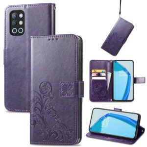 For OnePlus 9R Four-leaf Clasp Embossed Buckle Mobile Phone Protection Leather Case with Lanyard & Card Slot & Wallet & Bracket Function(Purple) (OEM)
