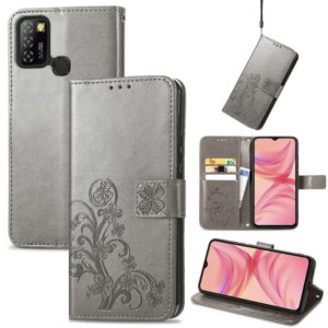 For Infinix Hot 10 Lite Four-leaf Clasp Embossed Buckle Mobile Phone Protection Leather Case with Lanyard & Card Slot & Wallet & Bracket Function(Gray) (OEM)