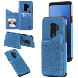 For Samsung Galaxy S9 Plus Flower Embossing Pattern Shockproof Protective Case with Holder & Card Slots & Photo Frame(Blue) (OEM)