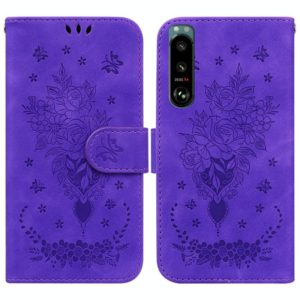 For Sony Xperia 5 III Butterfly Rose Embossed Leather Phone Case(Purple) (OEM)