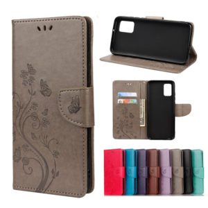 For Samsung Galaxy A02s (EU Version) Butterfly Flower Pattern Horizontal Flip Leather Case with Holder & Card Slots & Wallet(Grey) (OEM)