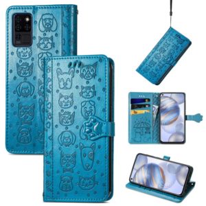 For Oukitel C21 Lovely Cat and Dog Embossing Pattern Horizontal Flip Leather Case , with Holder & Card Slots & Wallet & Cartoon Clasp & Lanyard(Blue) (OEM)
