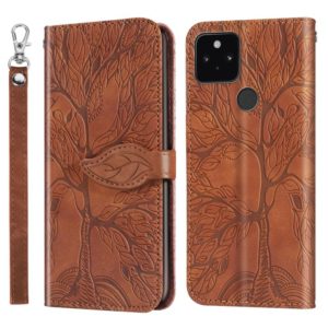 For Google Pixel 5 Life of Tree Embossing Pattern Horizontal Flip Leather Case with Holder & Card Slot & Wallet & Photo Frame & Lanyard(Brown) (OEM)