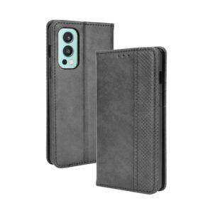 For OnePlus Nord 2 5G Magnetic Buckle Retro Crazy Horse Texture Horizontal Flip Leather Case with Holder & Card Slots & Photo Frame(Black) (OEM)