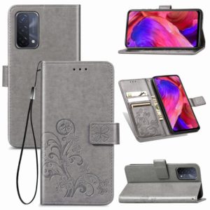 For OPPO A93 5G Four-leaf Clasp Embossed Buckle Mobile Phone Protection Leather Case with Lanyard & Card Slot & Wallet & Bracket Function(Grey) (OEM)