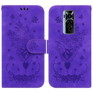 For Tecno Phantom X Butterfly Rose Embossed Leather Phone Case(Purple) (OEM)