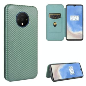 For OnePlus 7T Carbon Fiber Texture Horizontal Flip TPU + PC + PU Leather Case with Card Slot(Green) (OEM)