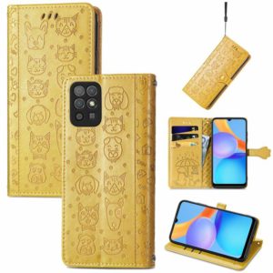 For Honor Play 5T Youth Cat and Dog Embossed Horizontal Flip Phone Leather Case with Holder & Card Slot & Wallet & Lanyard(Yellow) (OEM)