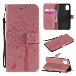 For Samsung Galaxy A71 5G Tree & Cat Embossed Pattern Horizontal Flip Leather Case with Holder & Card Slots & Wallet & Lanyard(Pink) (OEM)