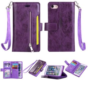 For iPhone SE 2022 / SE 2020 / 8 / 7 Multifunctional Zipper Horizontal Flip Leather Case with Holder & Wallet & 9 Card Slots & Lanyard(Purple) (OEM)