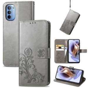 For Motorola Moto G31 Four-leaf Clasp Embossed Buckle Leather Phone Case(Gray) (OEM)