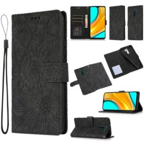 For Xiaomi Redmi 9 Skin Feel Embossed Sunflower Horizontal Flip Leather Case with Holder & Card Slots & Wallet & Lanyard(Black) (OEM)