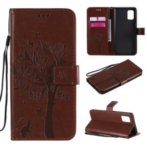 For Samsung Galaxy A71 5G Tree & Cat Embossed Pattern Horizontal Flip Leather Case with Holder & Card Slots & Wallet & Lanyard(Coffee) (OEM)