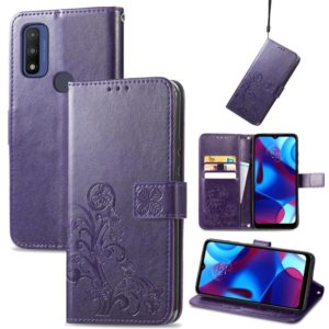 For Motorola Moto G Pure Four-leaf Clasp Embossed Leather Case with Lanyard & Card Slot & Wallet & Holder(Purple) (OEM)