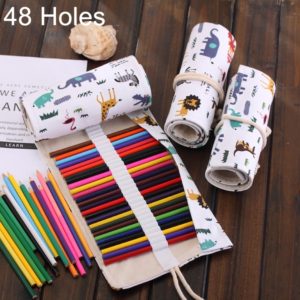 48 Slots Cartoon Animal Print Pen Bag Canvas Pencil Wrap Curtain Roll Up Pencil Case Stationery Pouch (OEM)