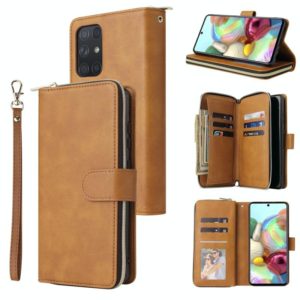 For Samsung Galaxy A72 5G Zipper Wallet Bag Horizontal Flip PU Leather Case with Holder & 9 Card Slots & Wallet & Lanyard & Photo Frame(Brown) (OEM)