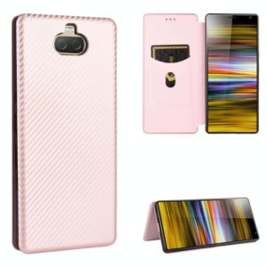 For Sony Xperia 10 Carbon Fiber Texture Horizontal Flip TPU + PC + PU Leather Case with Card Slot(Pink) (OEM)