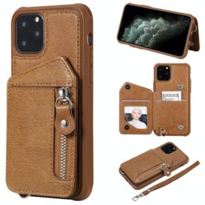 For iPhone 11 Pro Dual Buckles Zipper Shockproof Back Cover Protective Case with Holder & Card Slots & Wallet & Lanyard & Photos Frames(Coffee) (OEM)