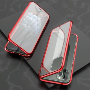 For iPhone 11 Pro Ultra Slim Double Sides Magnetic Adsorption Angular Frame Tempered Glass Magnet Flip Case(Red) (OEM)