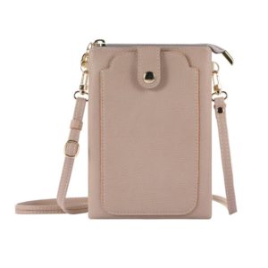 Litchi Texture Card Holder Mobile Phone Zipper Bag with Long Strap(Khaki) (OEM)