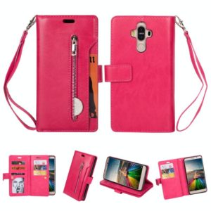 For Huawei Mate 9 Multifunctional Zipper Horizontal Flip Leather Case with Holder & Wallet & 9 Card Slots & Lanyard(Rose Red) (OEM)
