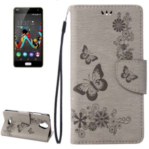 Pressed Flowers Butterfly Pattern Horizontal Flip Leather Case for Wiko U Feel Lite, with Magnetic Buckle & Holder & Card Slots & Wallet(Grey) (OEM)