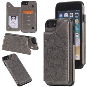 For iPhone SE 2022 / SE 2020 / 8 / 7 Flower Embossing Pattern Shockproof Protective Case with Holder & Card Slots & Photo Frame(Grey) (OEM)