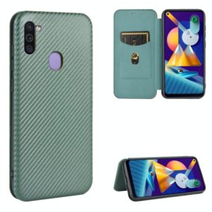 For Samsung Galaxy M11 Carbon Fiber Texture Horizontal Flip TPU + PC + PU Leather Case with Rope & Card Slot(Green) (OEM)