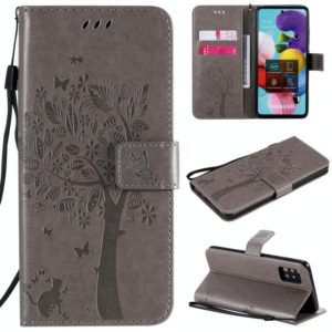 For Samsung Galaxy A51 5G Tree & Cat Embossed Pattern Horizontal Flip Leather Case with Holder & Card Slots & Wallet & Lanyard(Grey) (OEM)