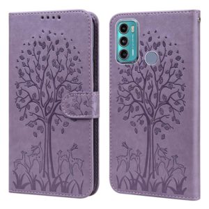 For Motorola Moto G60 Tree & Deer Pattern Pressed Printing Horizontal Flip Leather Phone Case(Purple) (OEM)