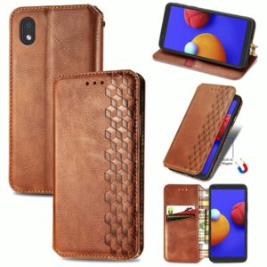 For Samsung Galaxy A01 Core Cubic Grid Pressed Horizontal Flip Magnetic PU Leather Case with Holder & Card Slots & Wallet(Brown) (OEM)