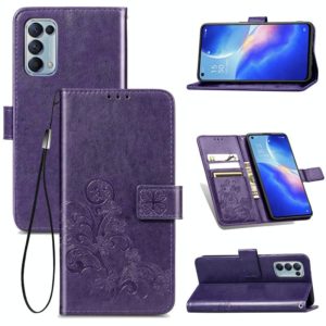 For OPPO Reno5 5G Four-leaf Clasp Embossed Buckle Leather Phone Case with Lanyard & Card Slot & Wallet & Holder(Purple) (OEM)