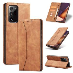 For Samsung Galaxy S20 Ultra 5G Skin-feel Calfskin Texture Magnetic Dual-Fold Horizontal Flip Leather Case with Holder & Card Slots & Wallet(Brown) (OEM)