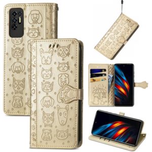 For Tecno Pova 2 Lovely Cat and Dog Embossing Pattern Horizontal Flip Leather Phone Case with Holder & Card Slots & Wallet & Cartoon Clasp & Lanyard(Gold) (OEM)
