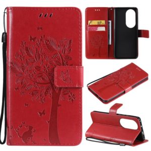 For Huawei P50 Pro Tree & Cat Pattern Pressed Printing Horizontal Flip PU Leather Case with Holder & Card Slots & Wallet & Lanyard(Red) (OEM)