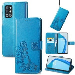 For OnePlus 9R Four-leaf Clasp Embossed Buckle Mobile Phone Protection Leather Case with Lanyard & Card Slot & Wallet & Bracket Function(Blue) (OEM)
