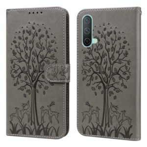 For OnePlus Nord CE 5G Tree & Deer Pattern Pressed Printing Horizontal Flip Leather Phone Case(Grey) (OEM)