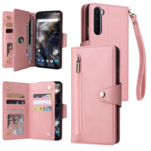 For OnePlus Nord Rivet Buckle 9 Cards Three Fold Leather Phone Case(Rose Gold) (OEM)