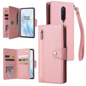 For OnePlus 8 Rivet Buckle 9 Cards Three Fold Leather Phone Case(Rose Gold) (OEM)